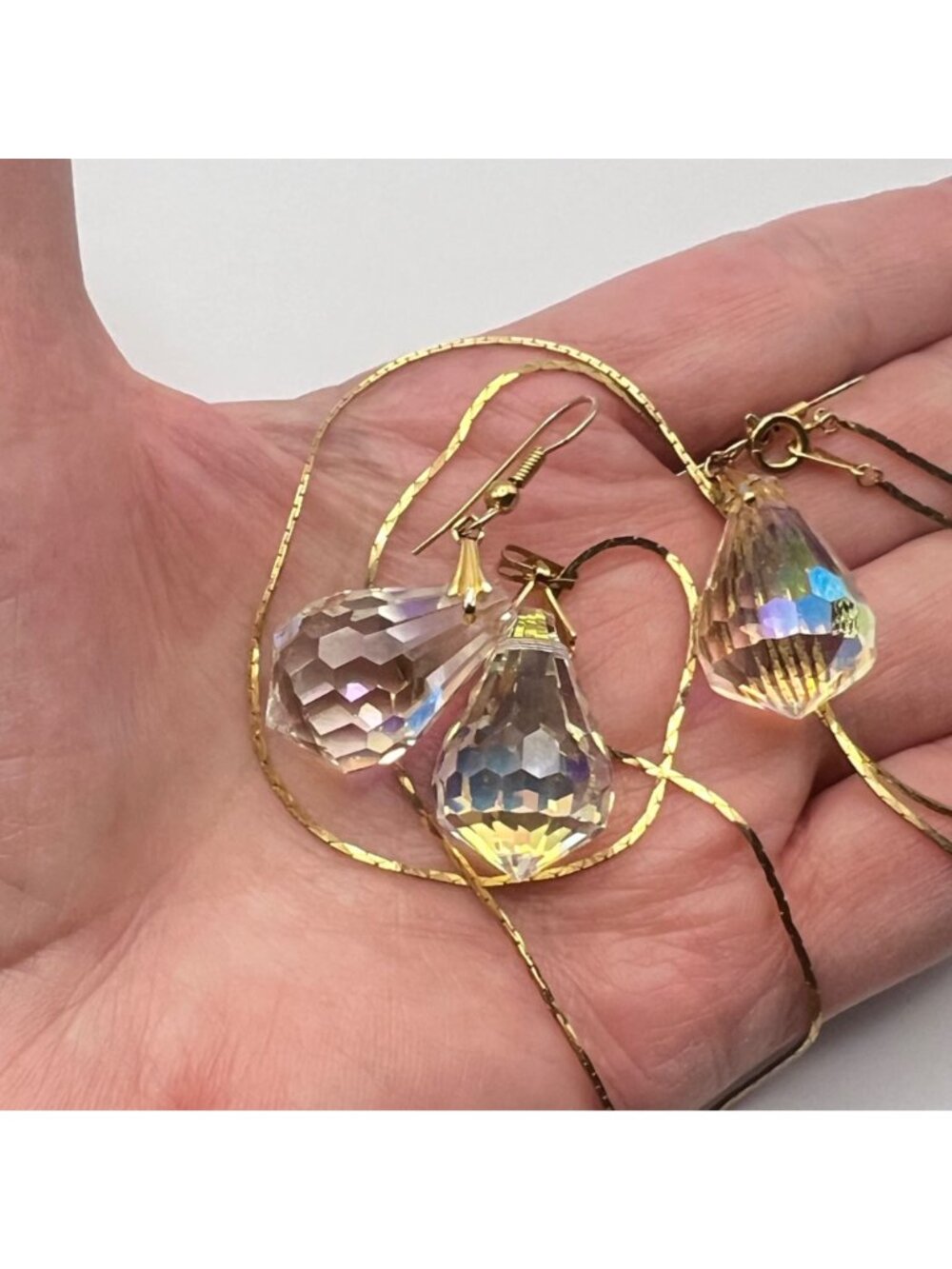 Vintage AB Crystal Teardrop Pendant Necklace Earrings Set Gold-Tone 24" Japan - Picture 11 of 11